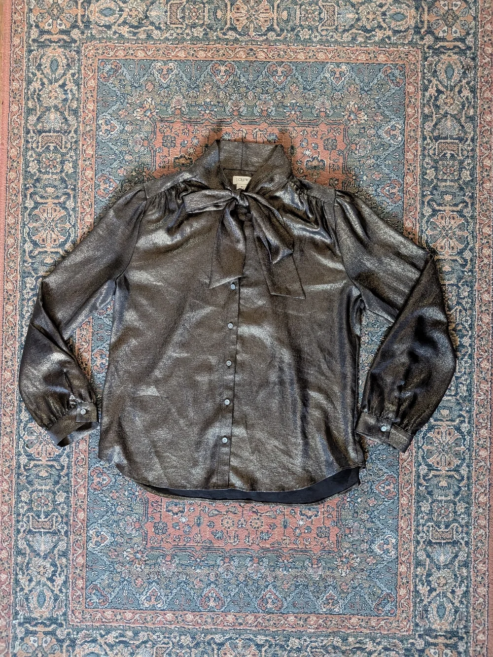 J. Crew Metallic Black Bow-Neck Blouse